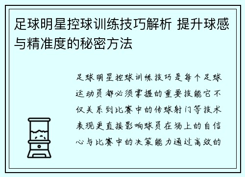 提升足球控球能力的训练教案